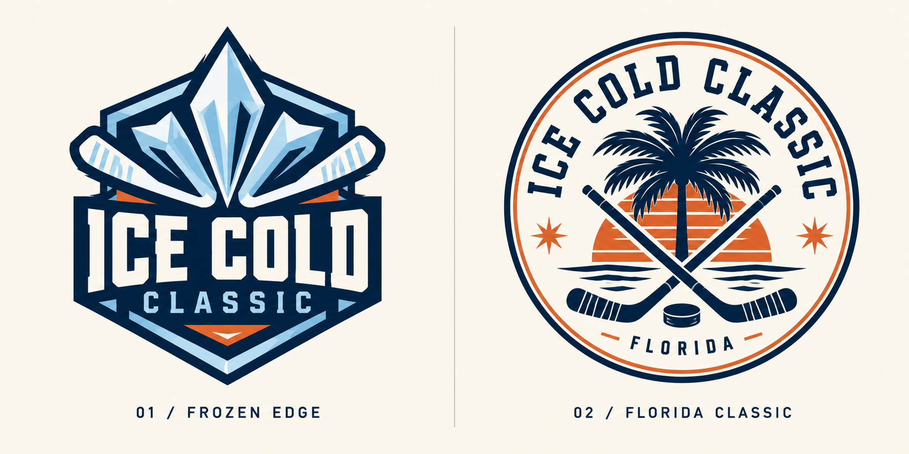 Original concept board: Frozen Edge shield on the left and selected Florida Classic palm and crossed sticks seal on the right